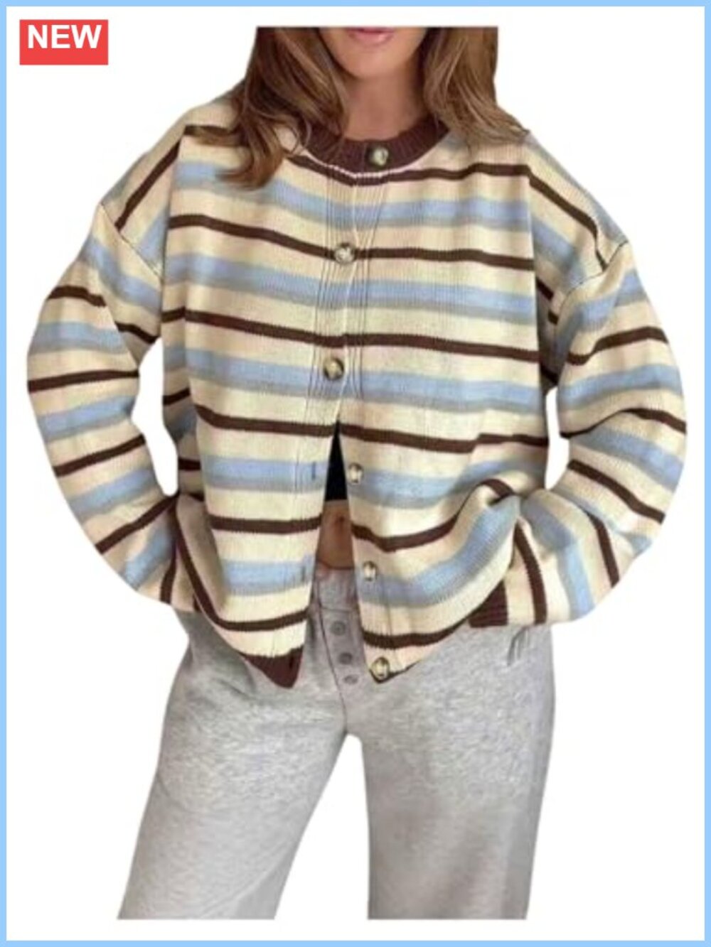 Striped Button Up Open Front Cardigan Sweater Long Sleeve Loose Fit